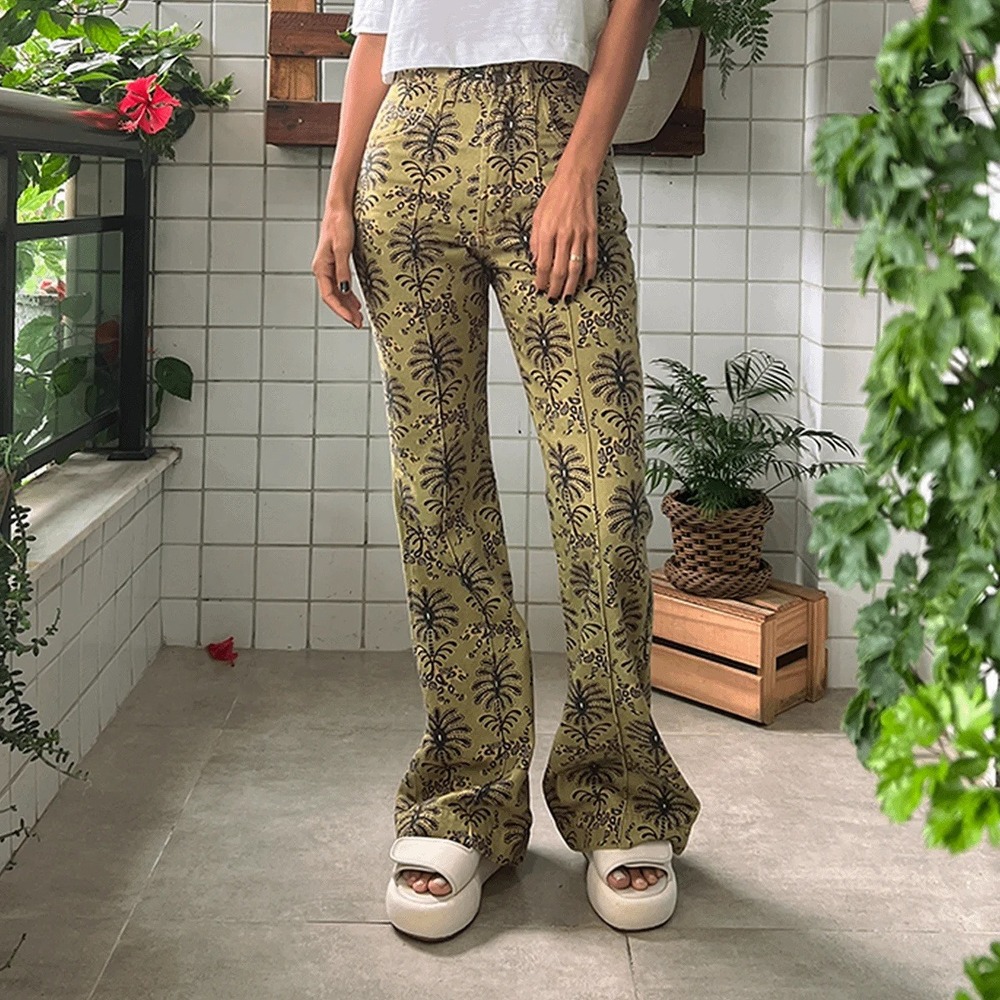VTG RARE Farm Rio Jeans Brasil Green Palm Tree Leopard High Bell Flare Pants 24